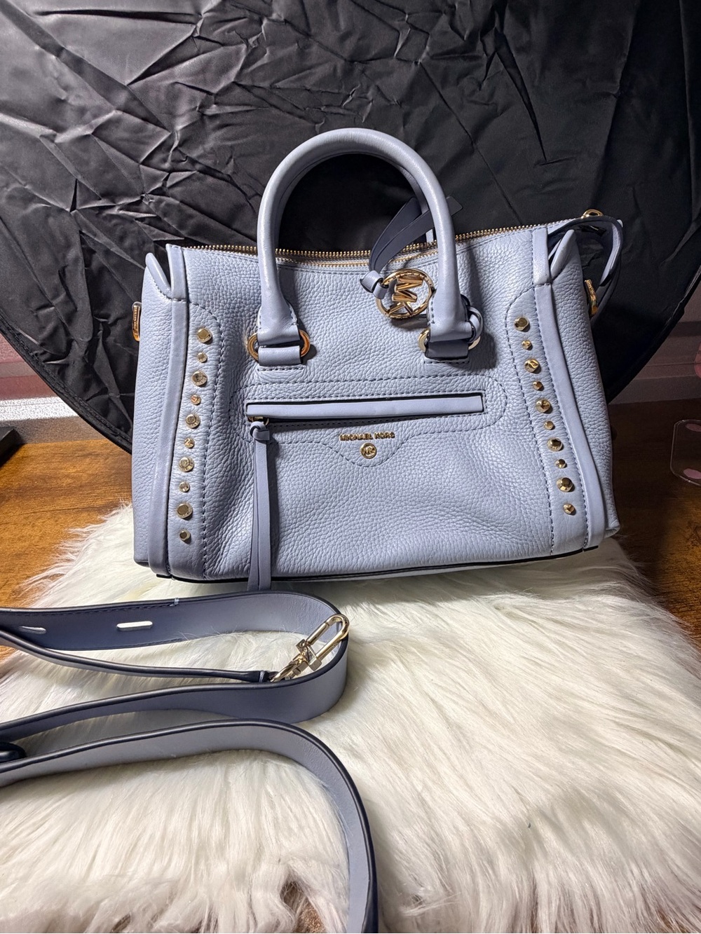 Michael Kors Pale Blue Pebbled Leather Studded Satchel